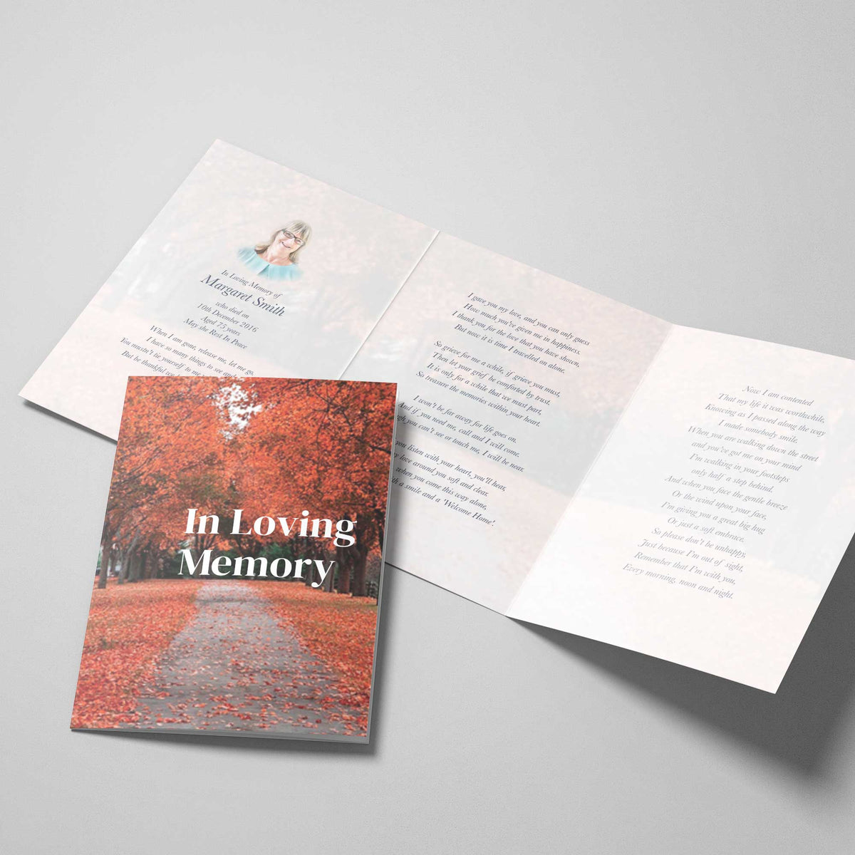 An Example of our Bi-Fold memorial cards, using an autumnal them. This card can be personalised just the way you want.  Because it has 6-pages, it allows you to add just that bit more detail to your loved-ones memorial card. Ess Memorial Cards is a registered trading name for Donal Brennan Ltd and Signworx.